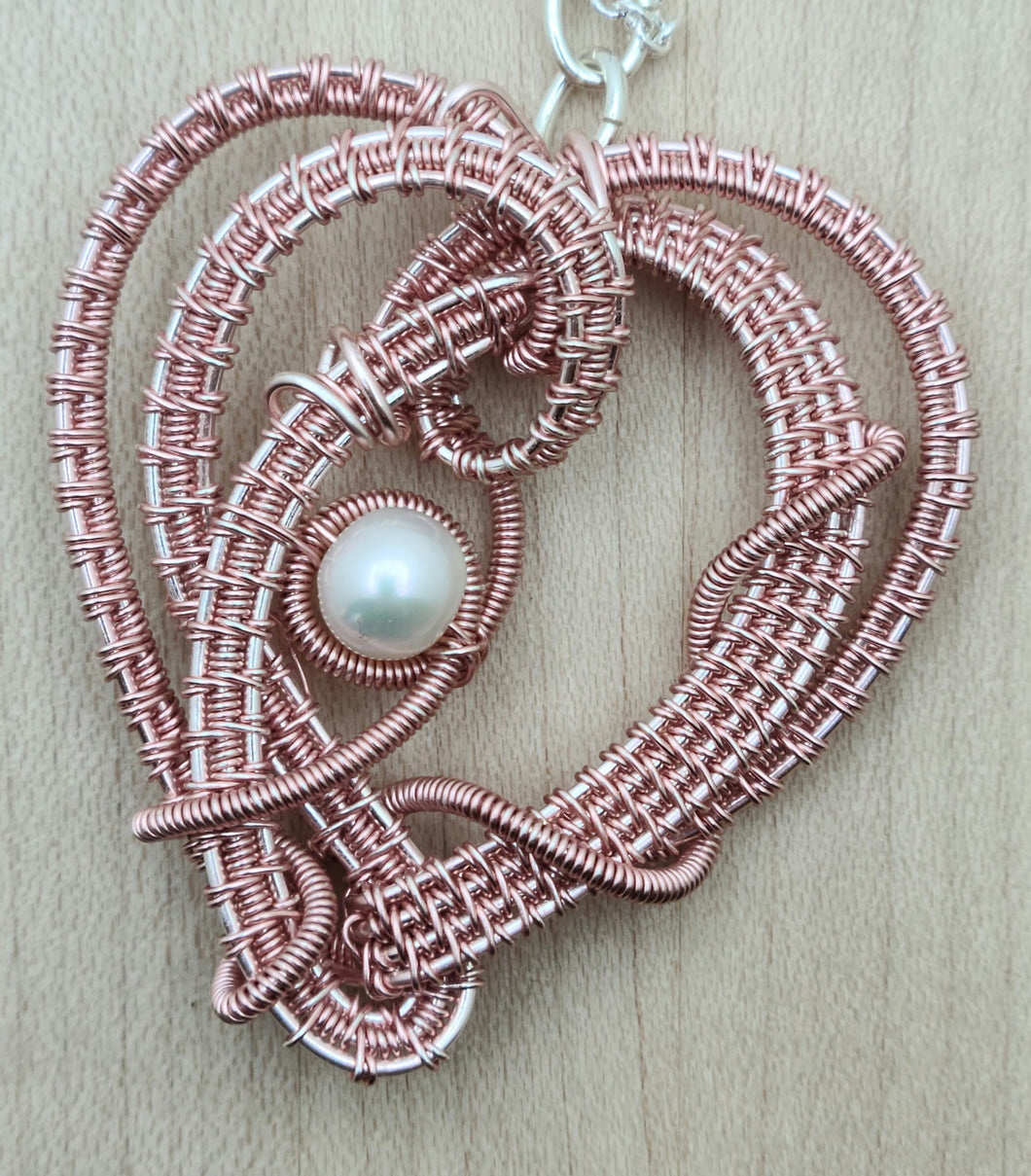 Woven Wire Rose & Pearl Heart Pendant