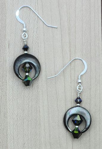 Black Lip Mussel Crescent Moon & Crystal Earrings