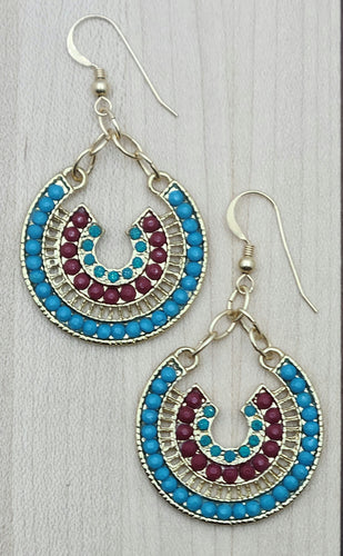 Ornate Horseshoe Earrings of turquoise, wine, & gold