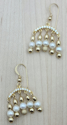 Pearl, CZ, & Gold Chandelier Earrings