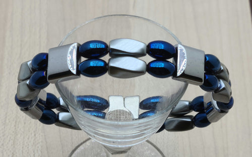 Blue Iris & Pearl Double Row Magnetic Bracelet