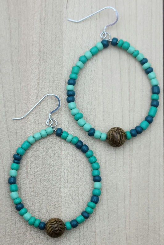 Aqua Seed Bead Hoop Earrings with bottom center wenge wood bead  & sterling silver fish hooks