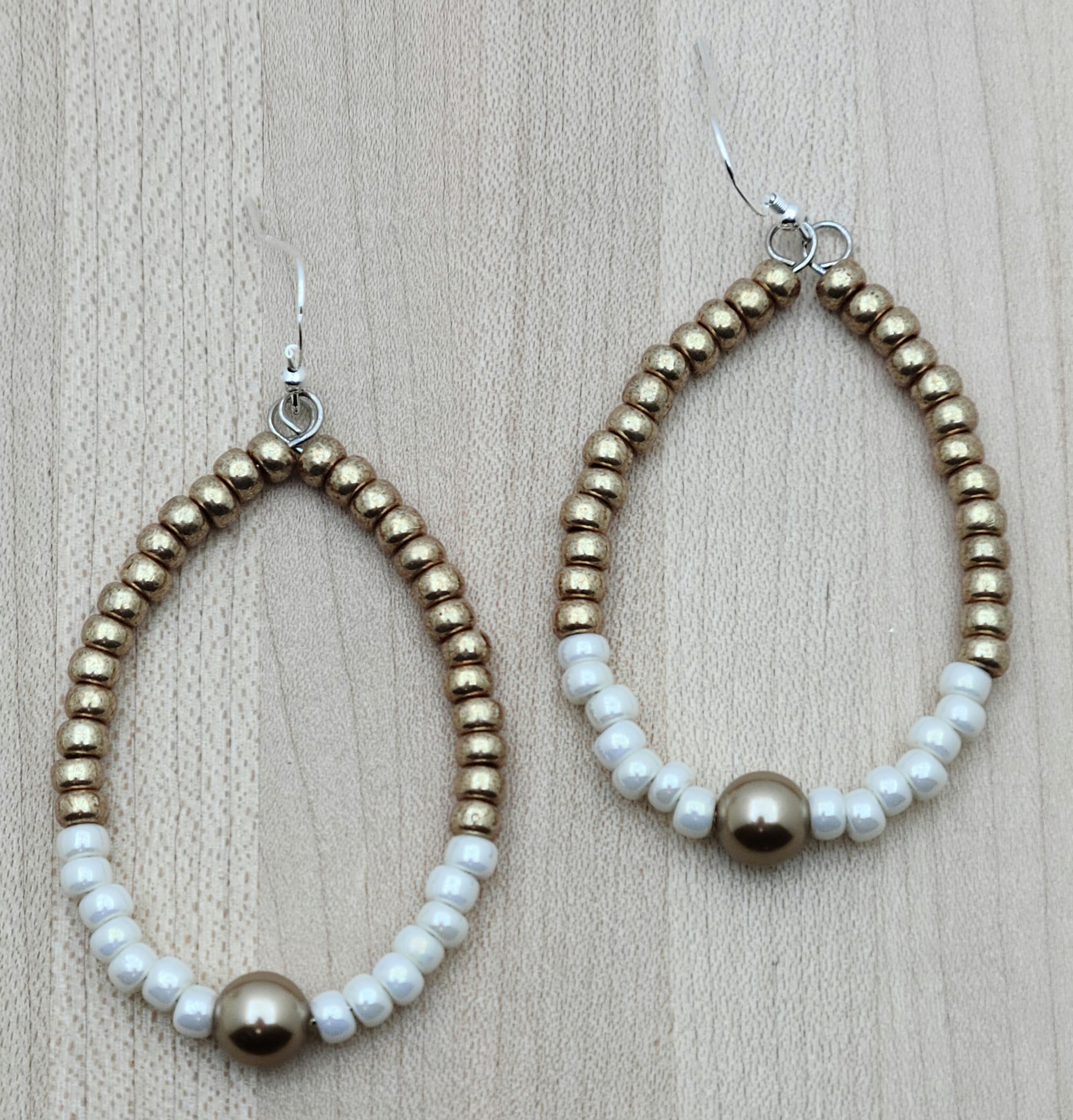 Bronze & Ivory Seed Bead Teardrop Hoop Earrings