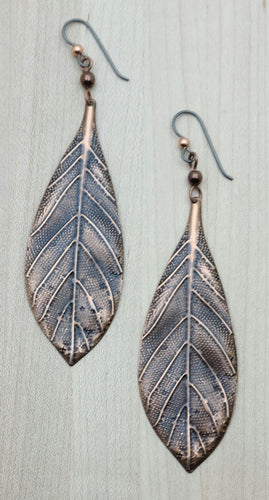 LONG Antique Copper Leaf Earrings