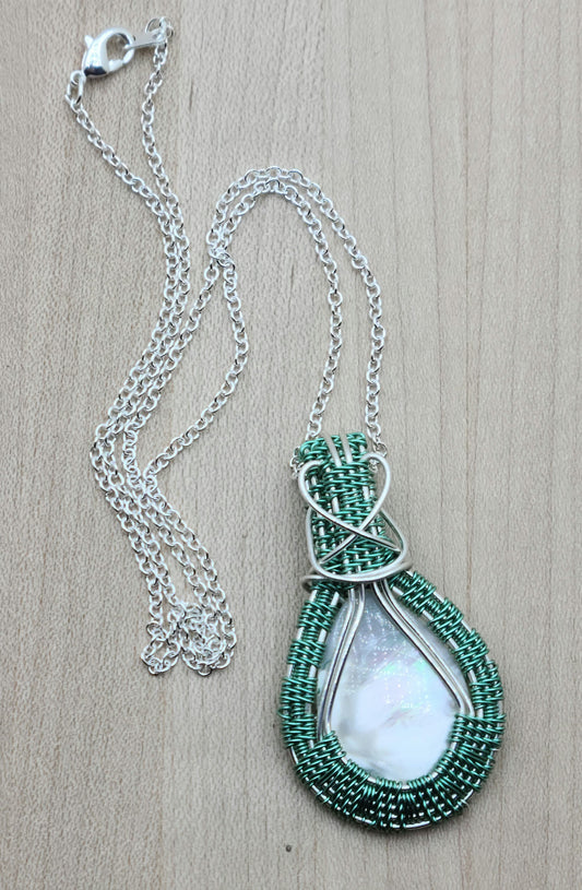 Woven Wire Seafoam & silver framed MOP Teardrop