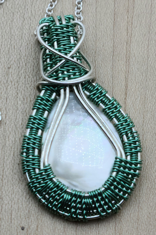 Woven Wire Seafoam & silver framed MOP Teardrop