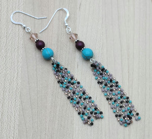 Turquoise Howlite & Elderberry long, beaded tassel Earrings