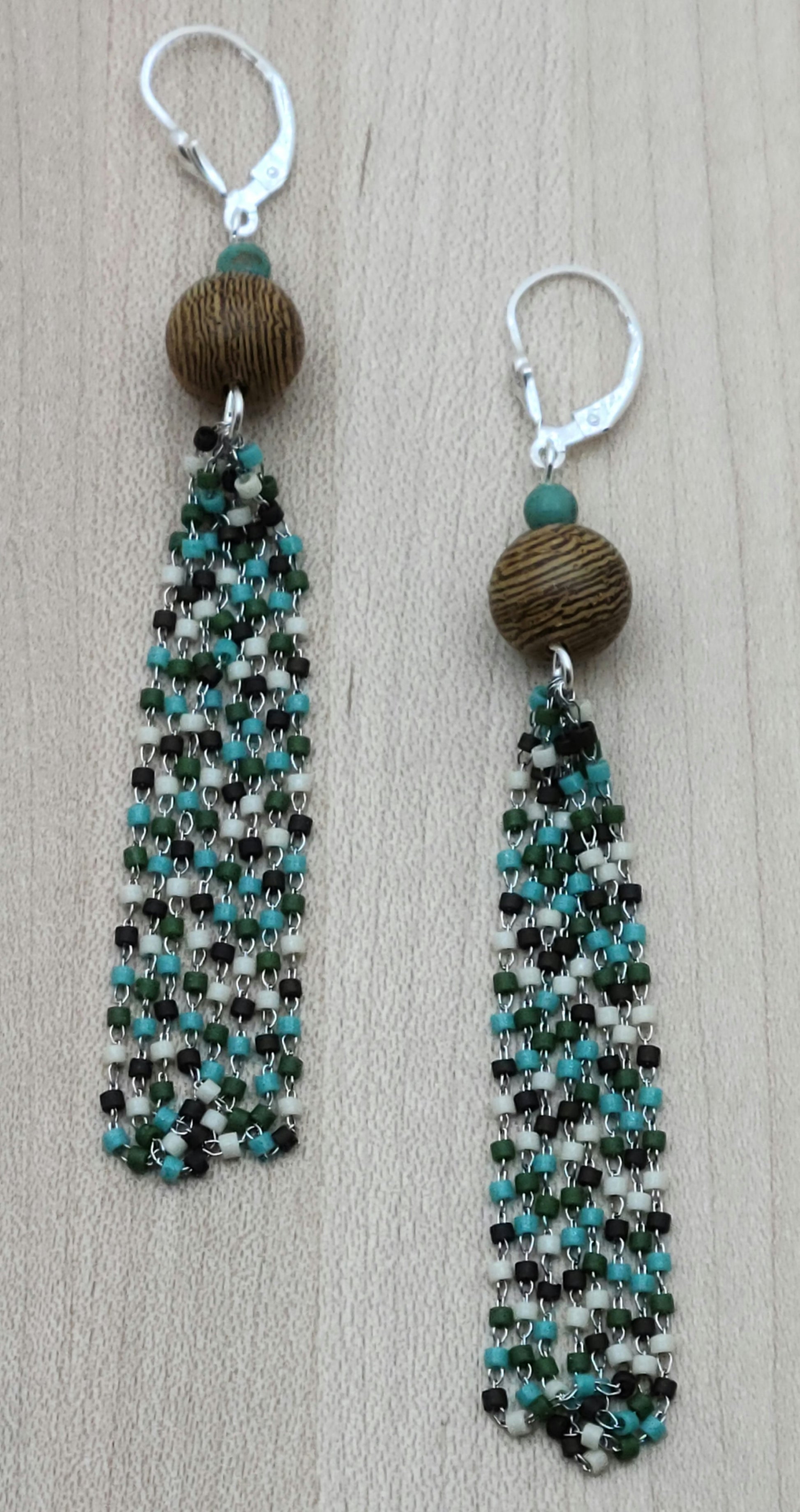 Wood & Miyuki seed bead chain tassels earrings in beachside colors