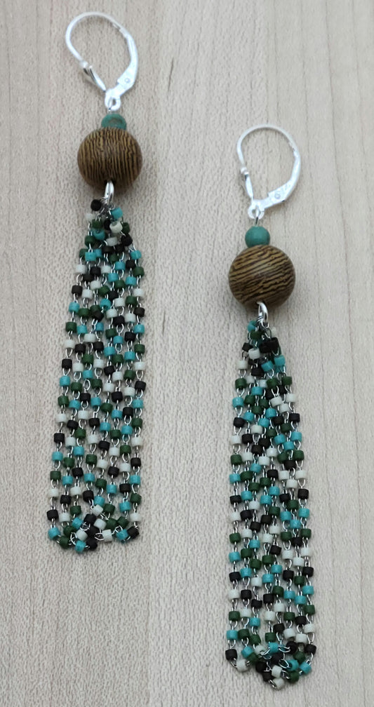 Wood & Miyuki seed bead chain tassels earrings in beachside colors