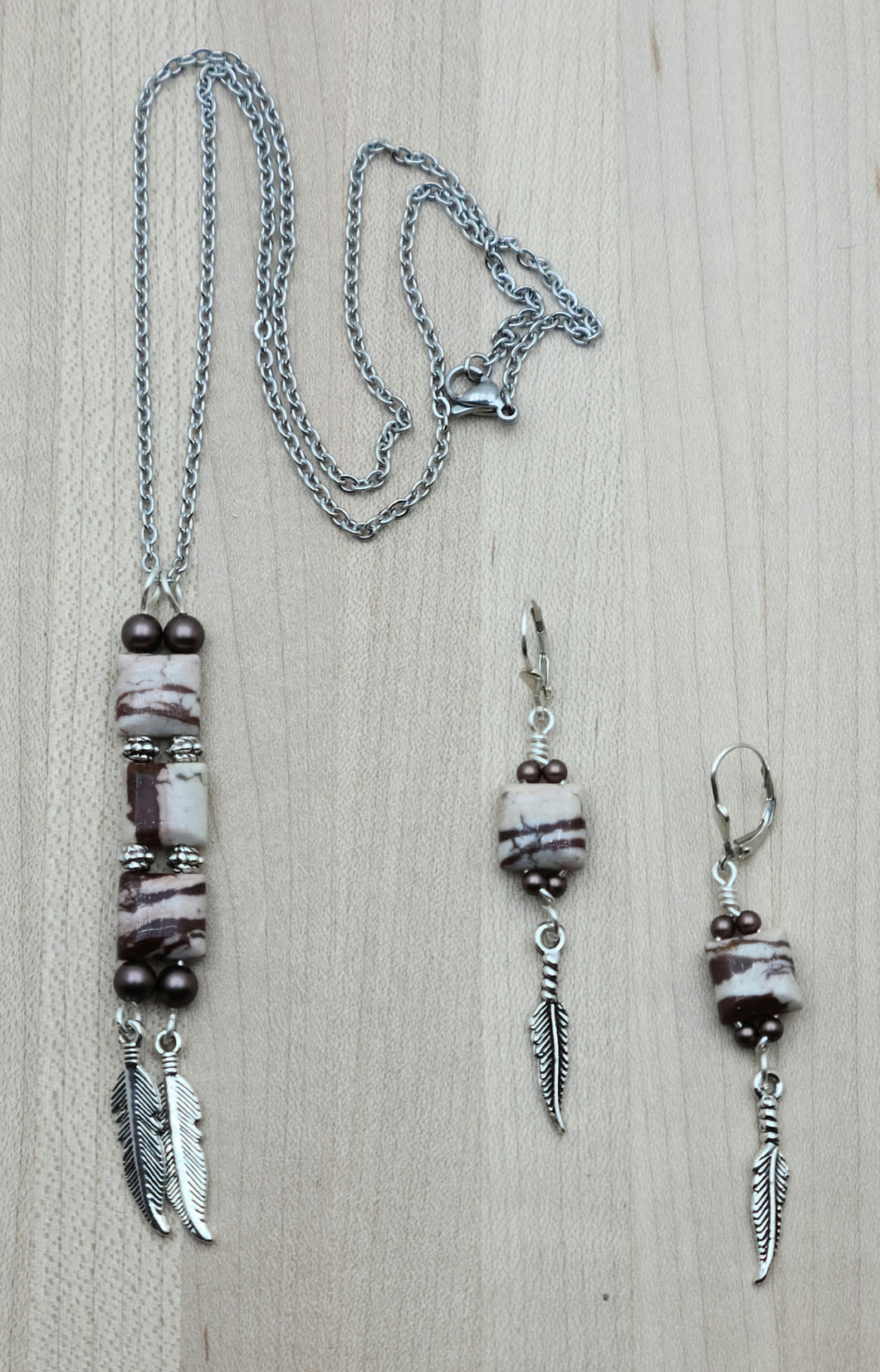 Feathers & Jasper Stone Necklace & Earrings