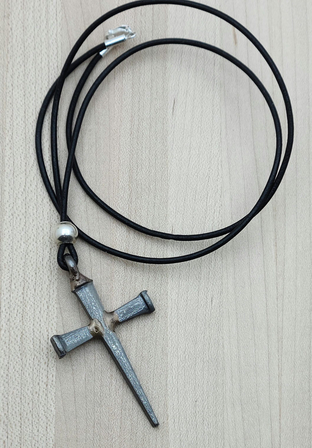 Horseshoe Nails Cross on black leather Necklace