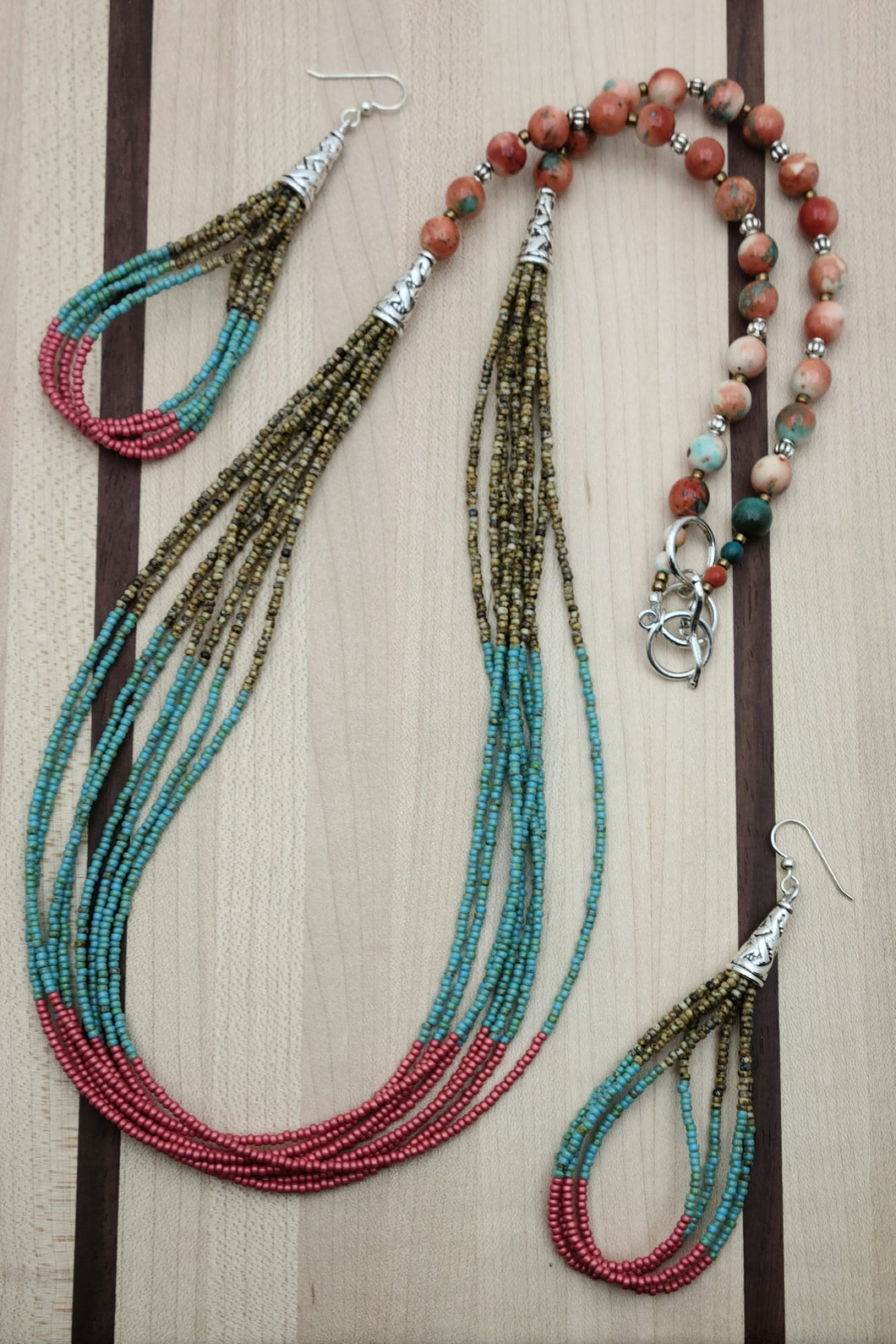 Sedona Multi Strand Necklace & Earrings of brown, aqua, & cranberry