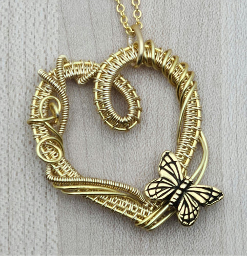 Woven Wire Butterfly in Gold Heart Pendant