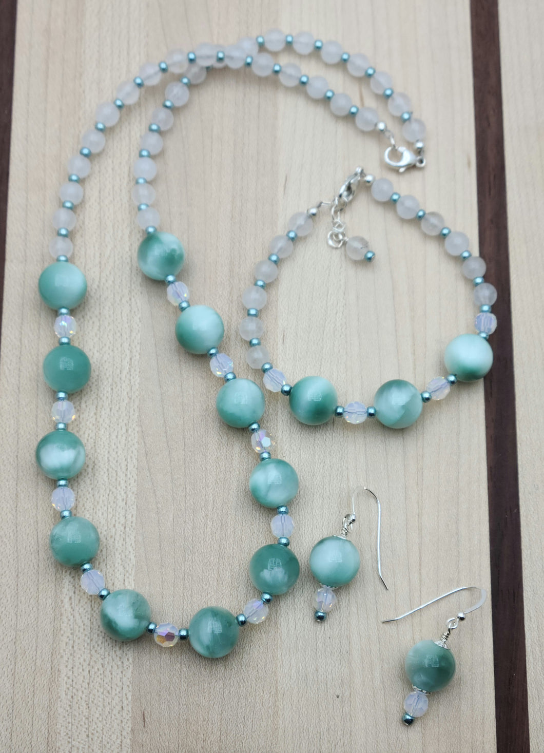 Blue-Green Angelite & White Jade Necklace, Bracelet, & Earrings