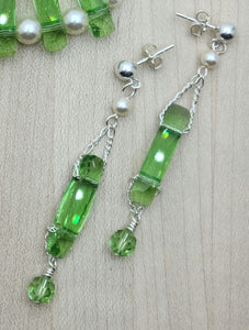 Peridot Green Crystal Column Earrings with creamrose crystal pearls