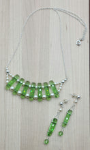 Peridot Green Crystal Column Necklace & Earrings with creamrose crystal pearls