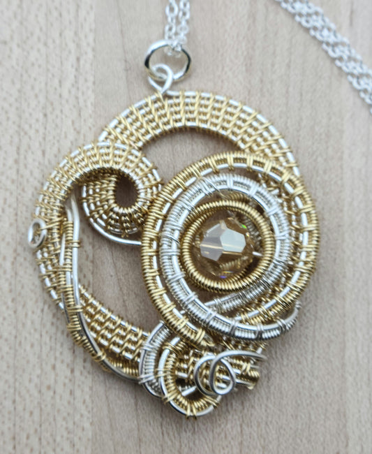 Woven Wire Silver & Gold Heart Pendant with crystal