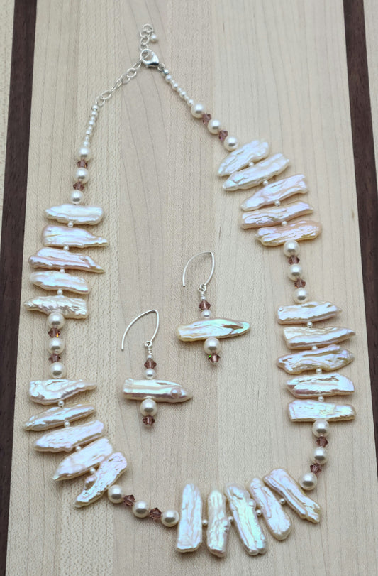 lustrous biwa freshwater pearl & rose crystal necklace & earrings