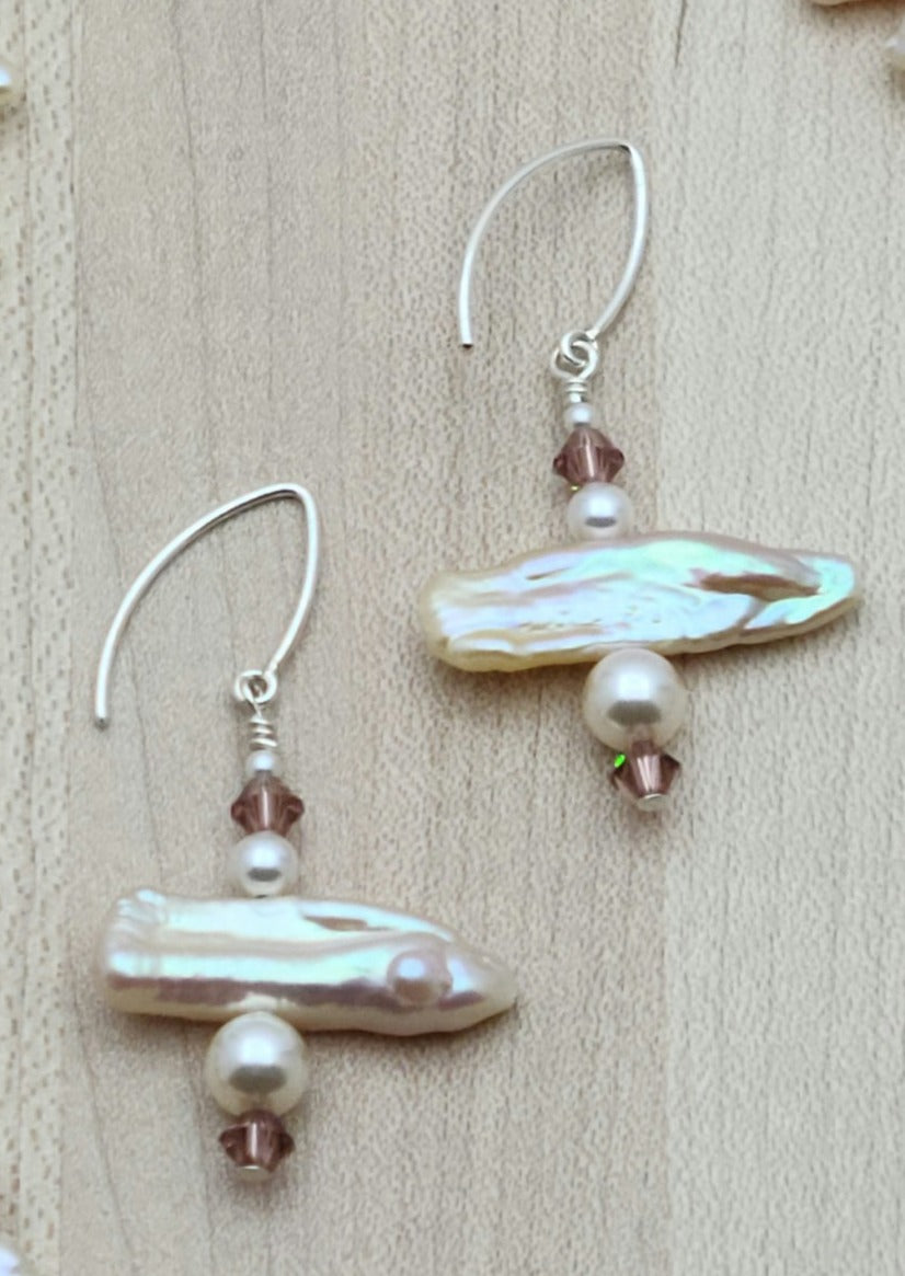 lustrous biwa freshwater pearl and crystal earrings