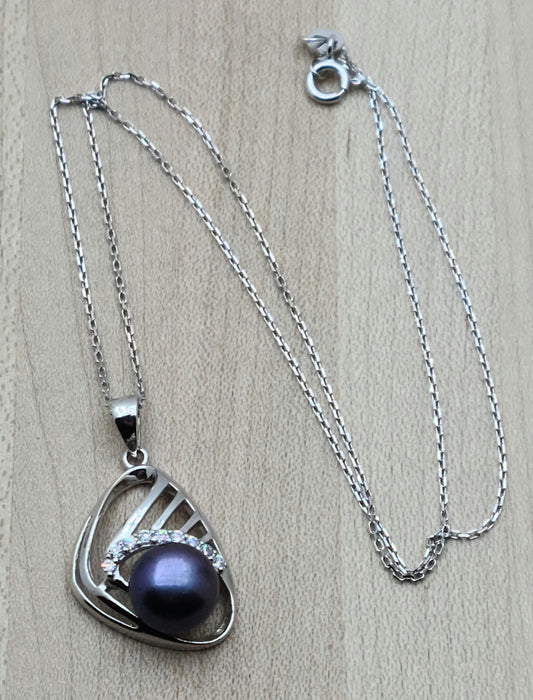 Black Pearl & CZ Triangle Necklace