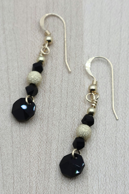 Gold Fill & Black Crystal Fish Hook Earrings