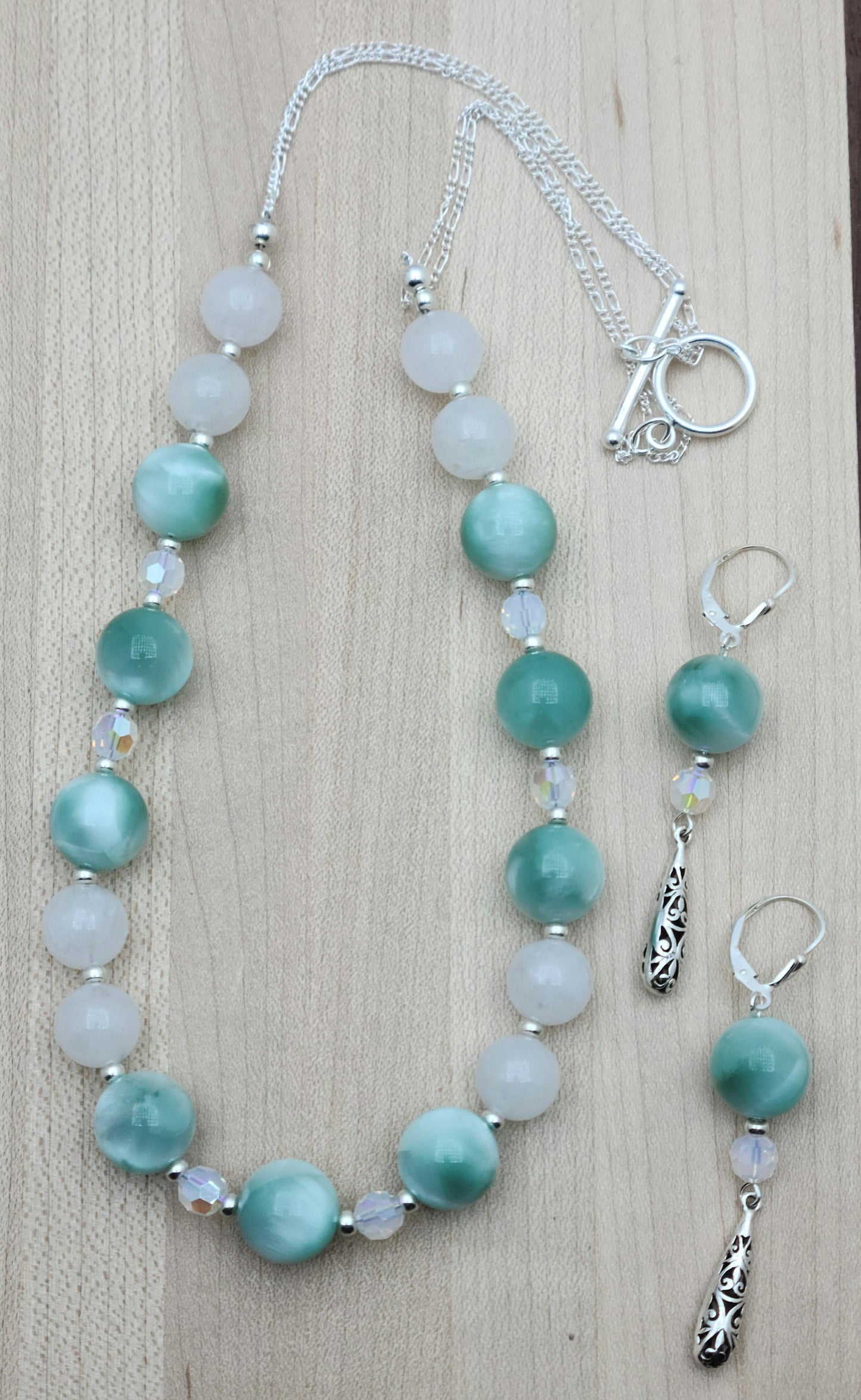 Green Angelite, crystal, white jade, & sterling silver Necklace & Earrings
