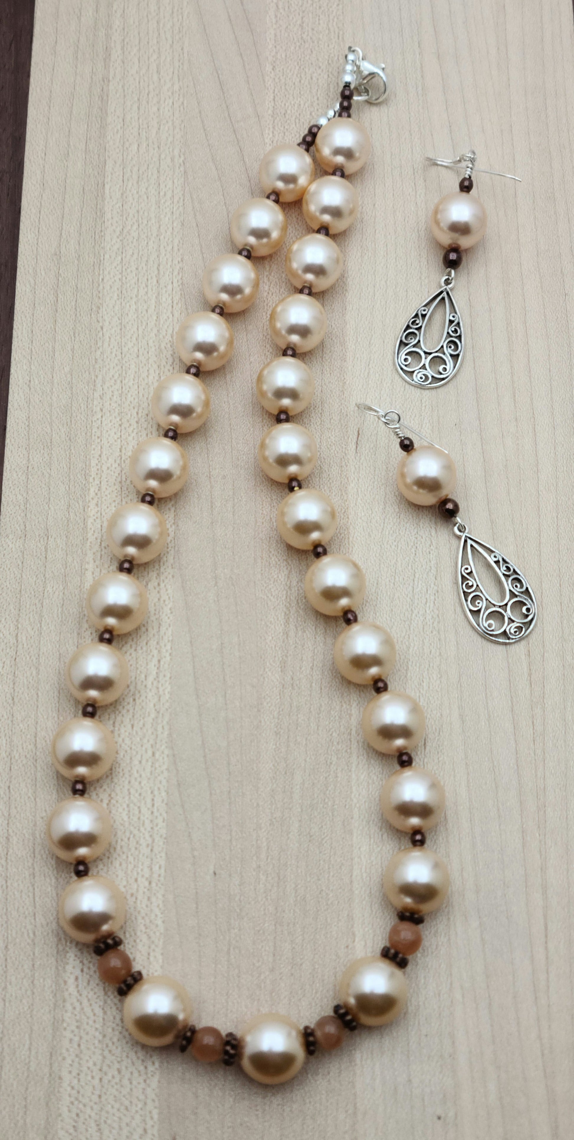 Peach Crystal Pearl & Rose Gold Hematite Necklace & Earrings