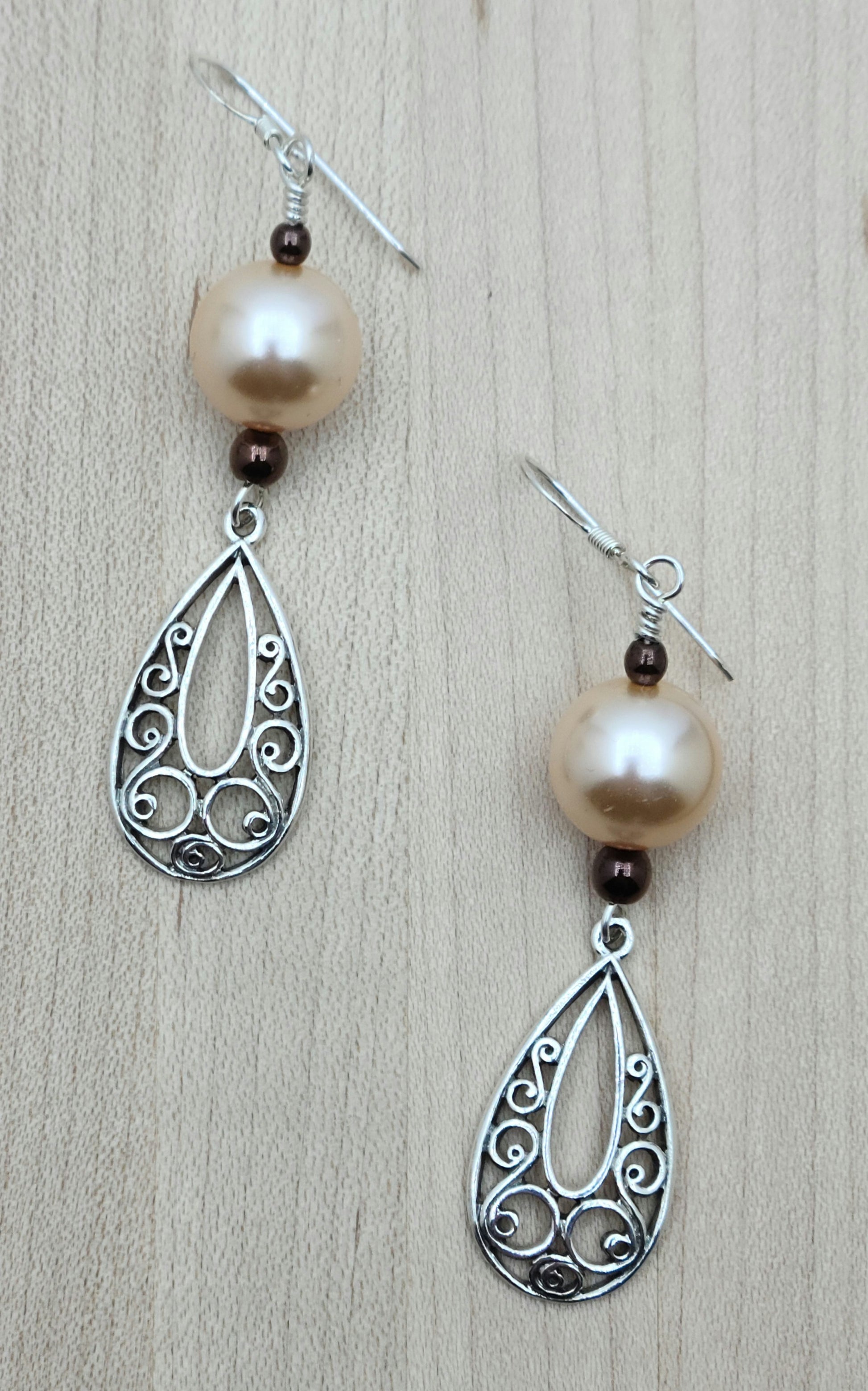 Peach Crystal Pearl & Rose Gold Hematite Earrings