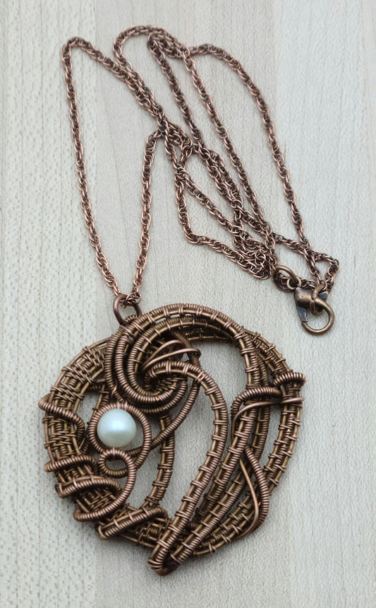 Woven Wire Copper Swirls Heart with freshwater pearl adornment
