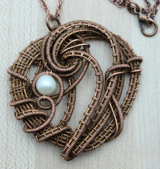 Woven Wire Copper Swirls Heart with freshwater pearl adornment