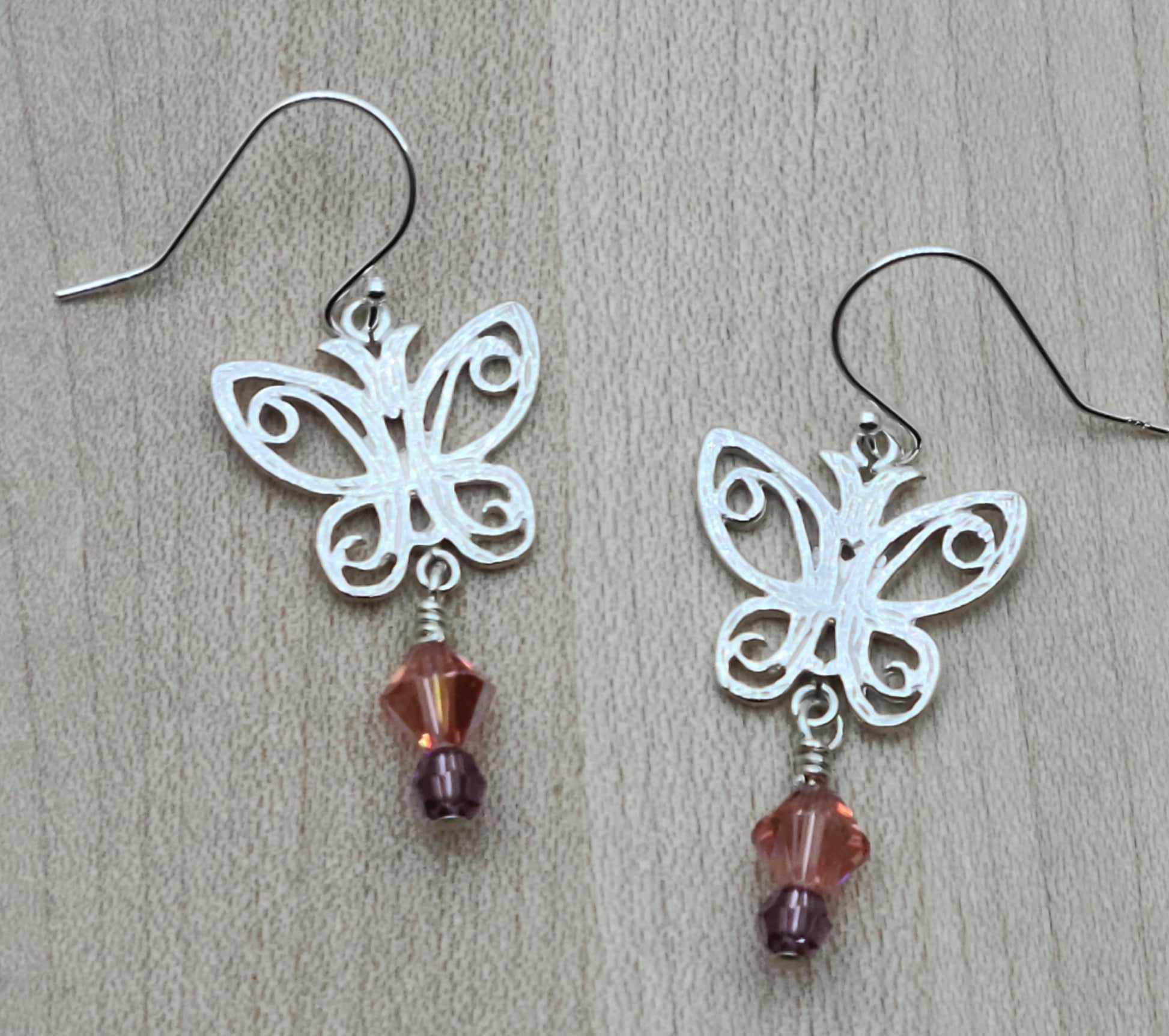 Sterling Silver Lacy Butterfly Earrings with peach & amethyst crystals