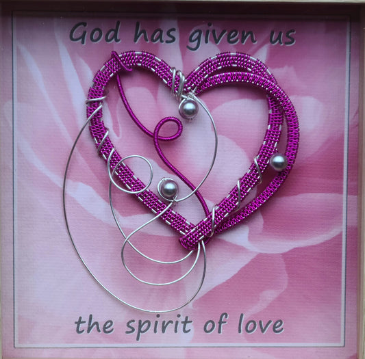 Bright Fuchsia Woven Wire & Crystal Pearl Heart Shadow Box