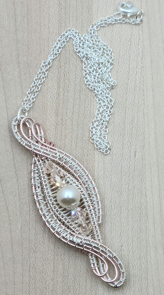 Woven Wire Blush & Silk Pendant with crystal & crystal pearl