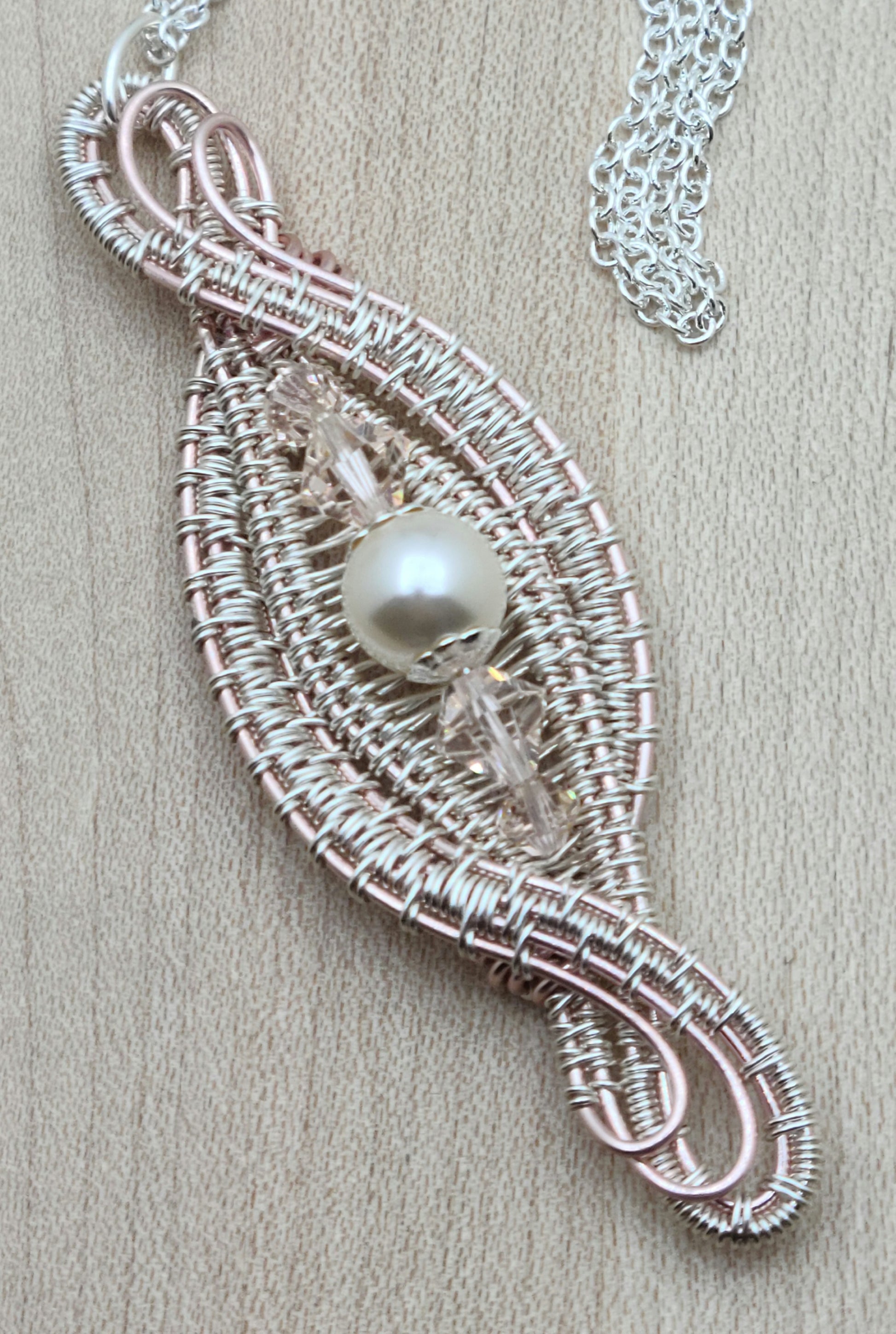 Woven Wire Blush & Silk Pendant with crystal & crystal pearl