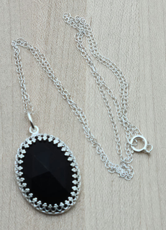 Faceted Oval Onyx Pendant in Sterling Silver Bezel Frame with sterling silver chain