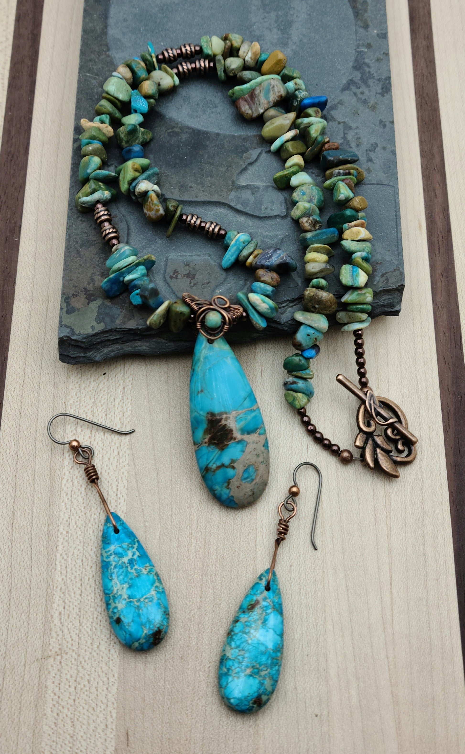 Turquoise Impression Jasper Necklace with woven wire bail & earrings with copper & niobium ear wires