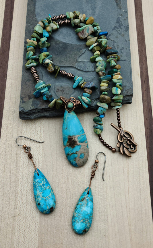 Turquoise Impression Jasper Necklace with woven wire bail & earrings with copper & niobium ear wires