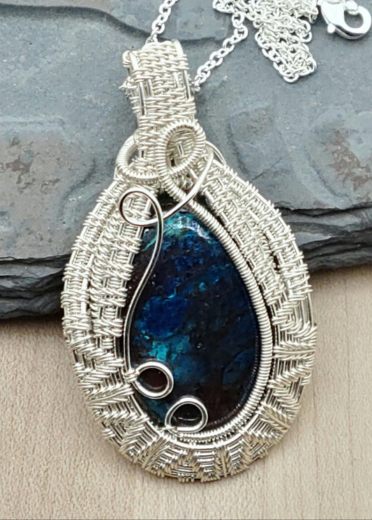 Azurite with an intricate woven wire frame of silver plated tarnish resistant copper