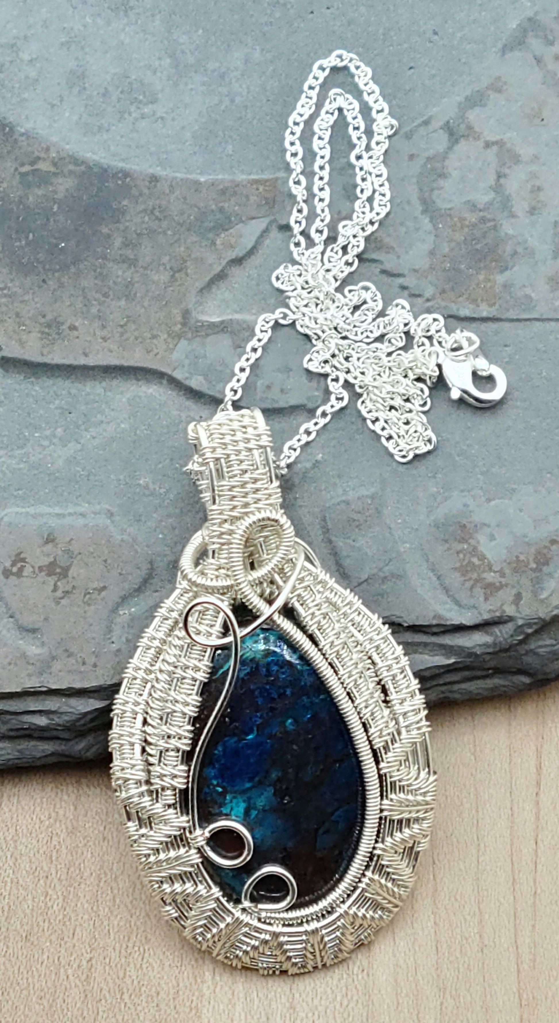 Azurite with an intricate woven wire frame of silver plated tarnish resistant copper
