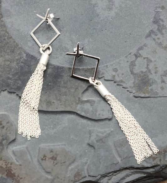 Square & Tassel Sterling Silver Post Earrings