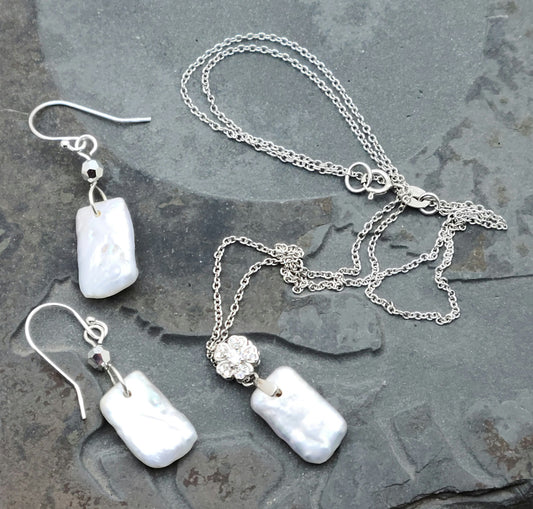 Rectangular FW Pearl Necklace & Earrings FW Pearls, cz, sterling silver, crystals