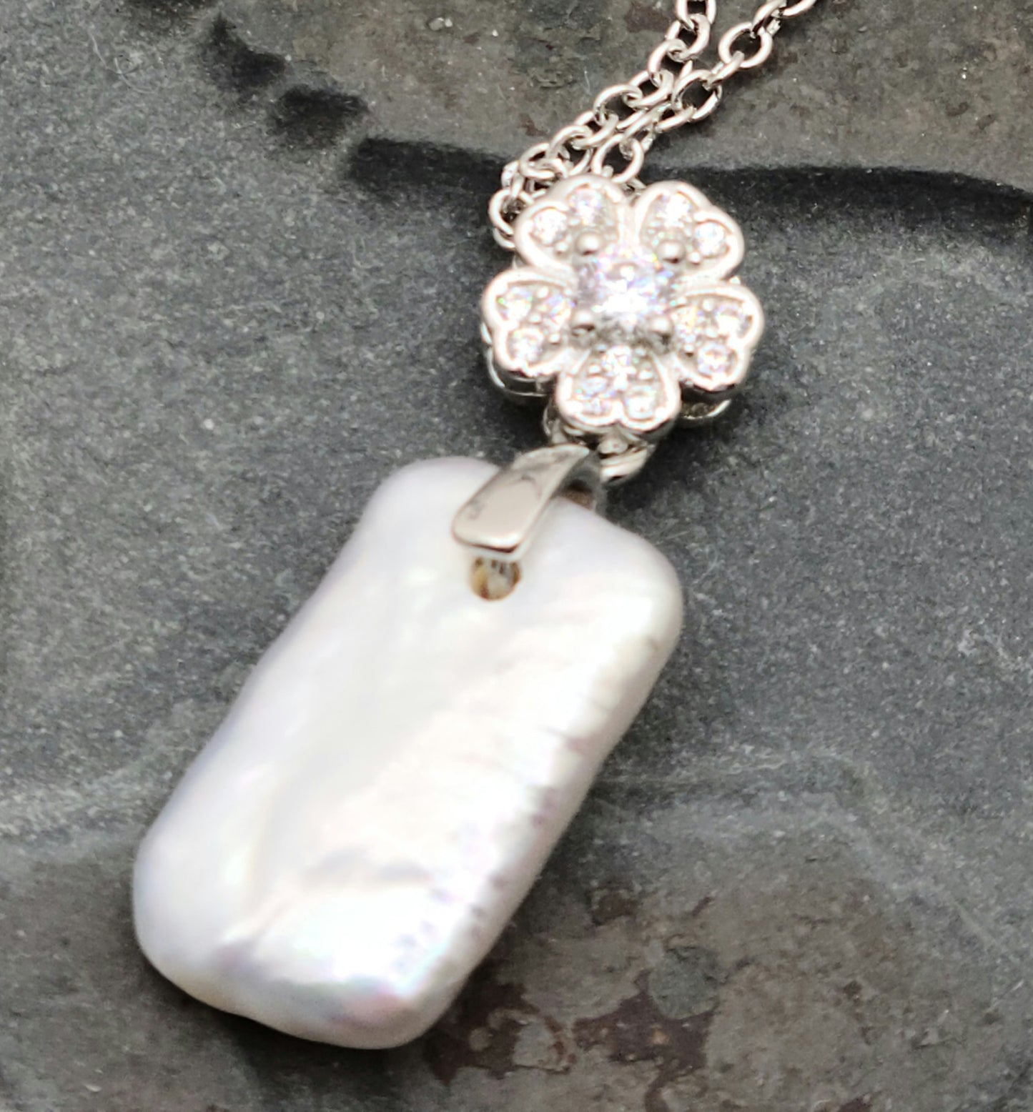 Rectangular FW Pearl Necklace with FW Pearl, cz, sterling silver