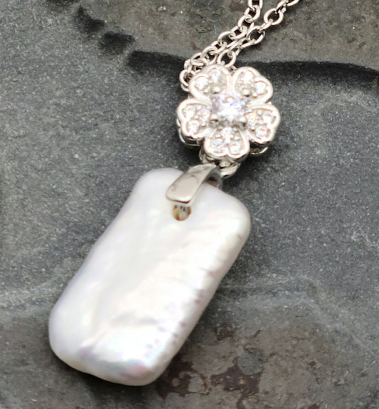 Rectangular FW Pearl Necklace with FW Pearl, cz, sterling silver