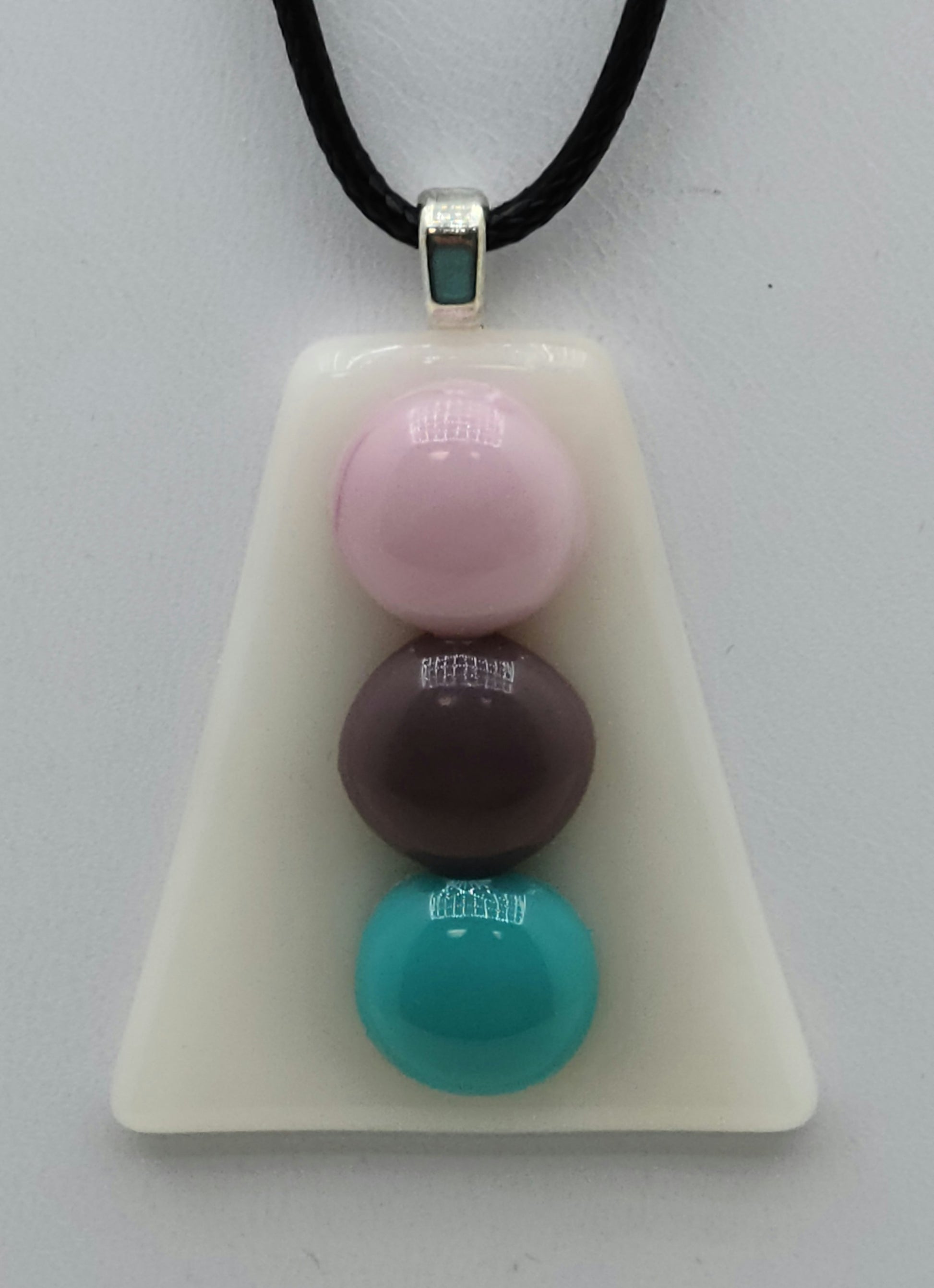 Pink, Violet, & Aqua dots on white background fused glass pendant