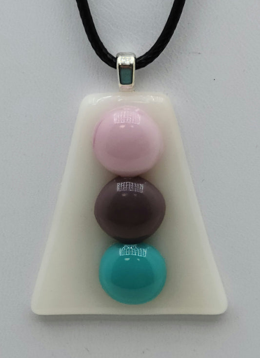 Pink, Violet, & Aqua dots on white background fused glass pendant