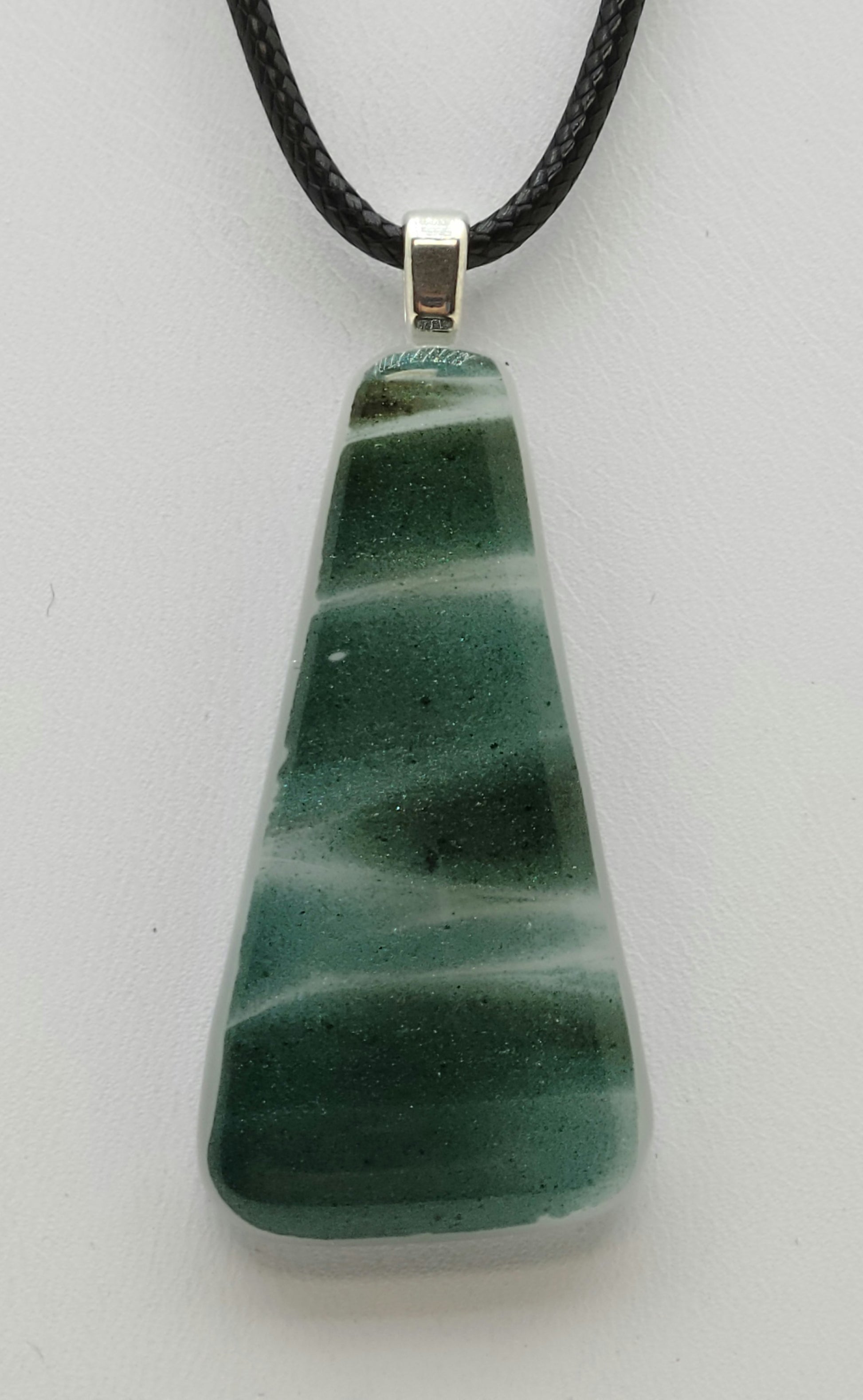 Swathes of Green Sparkles float across this Trapezoid Fused Glass Pendant