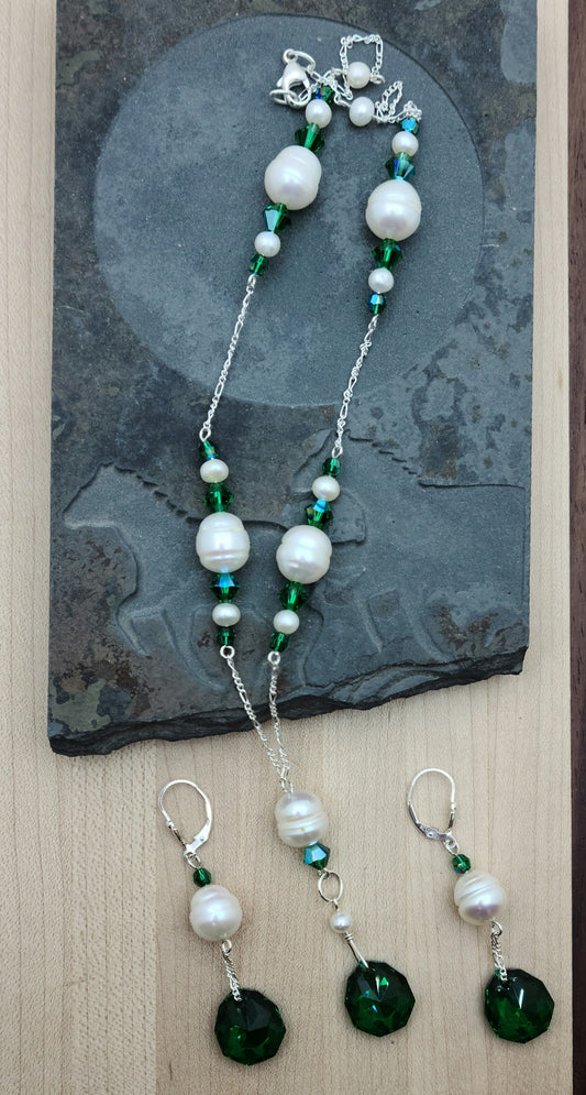 Majestic Green Crystals w/Baroque FW pearls Necklace & Earrings