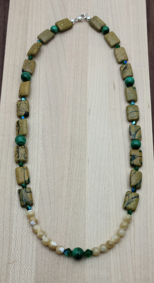 Malachite & Green Canyon Jasper Necklace with Mother of Pearl Accent