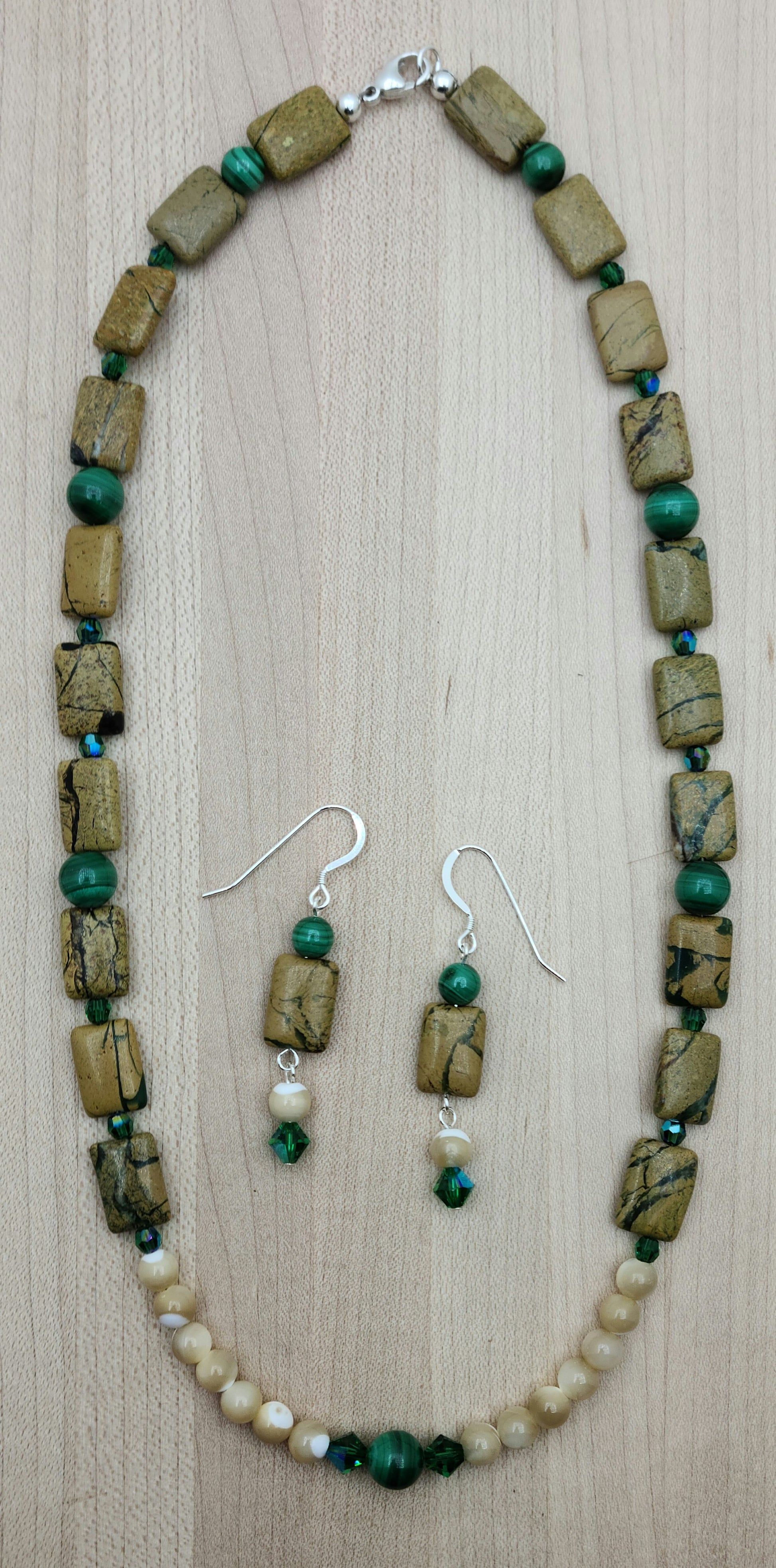 Malachite & Green Canyon Jasper Necklace & Earrings with Mother of Pearl Accent