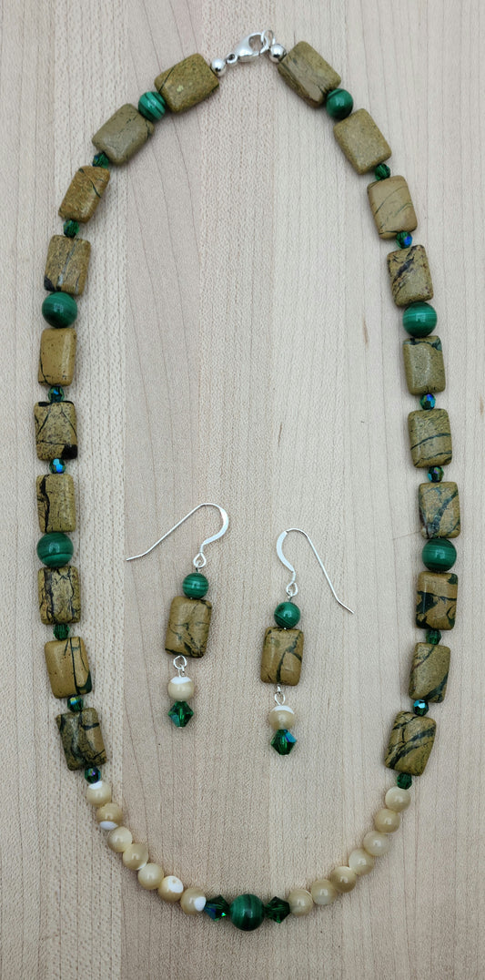 Malachite & Green Canyon Jasper Necklace & Earrings with Mother of Pearl Accent